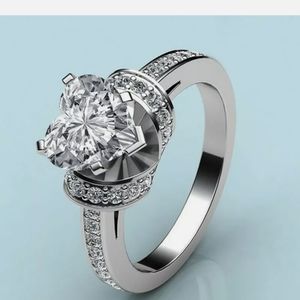 Sterling Silver heart diamond pave wedding ring